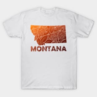 Colorful mandala art map of Montana with text in brown and orange T-Shirt